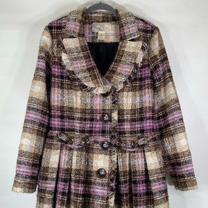 Nick & Mo Wool Plaid Ruffle Pea Coat Size M
